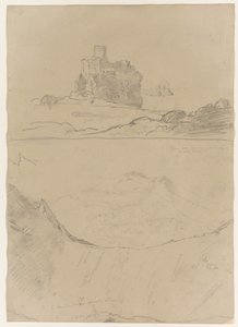Kasteel van Trezza nabij Catania en Etna, gezien vanaf Monte Rosso en ook vanaf een van de kraters van Monte Rosso, Sicilië, 1842